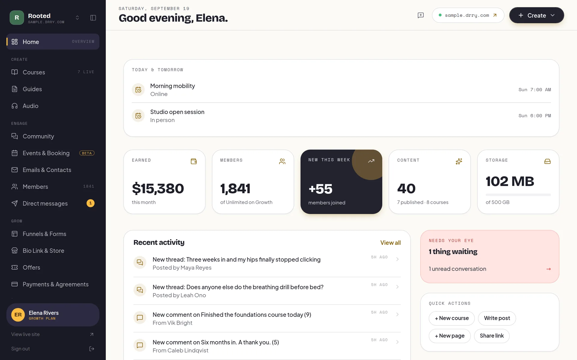The Drry console home for a coach: the next sessions on the calendar, then a row for this month's earnings, member count, new joins this week, published content and storage, above a feed of recent member activity.