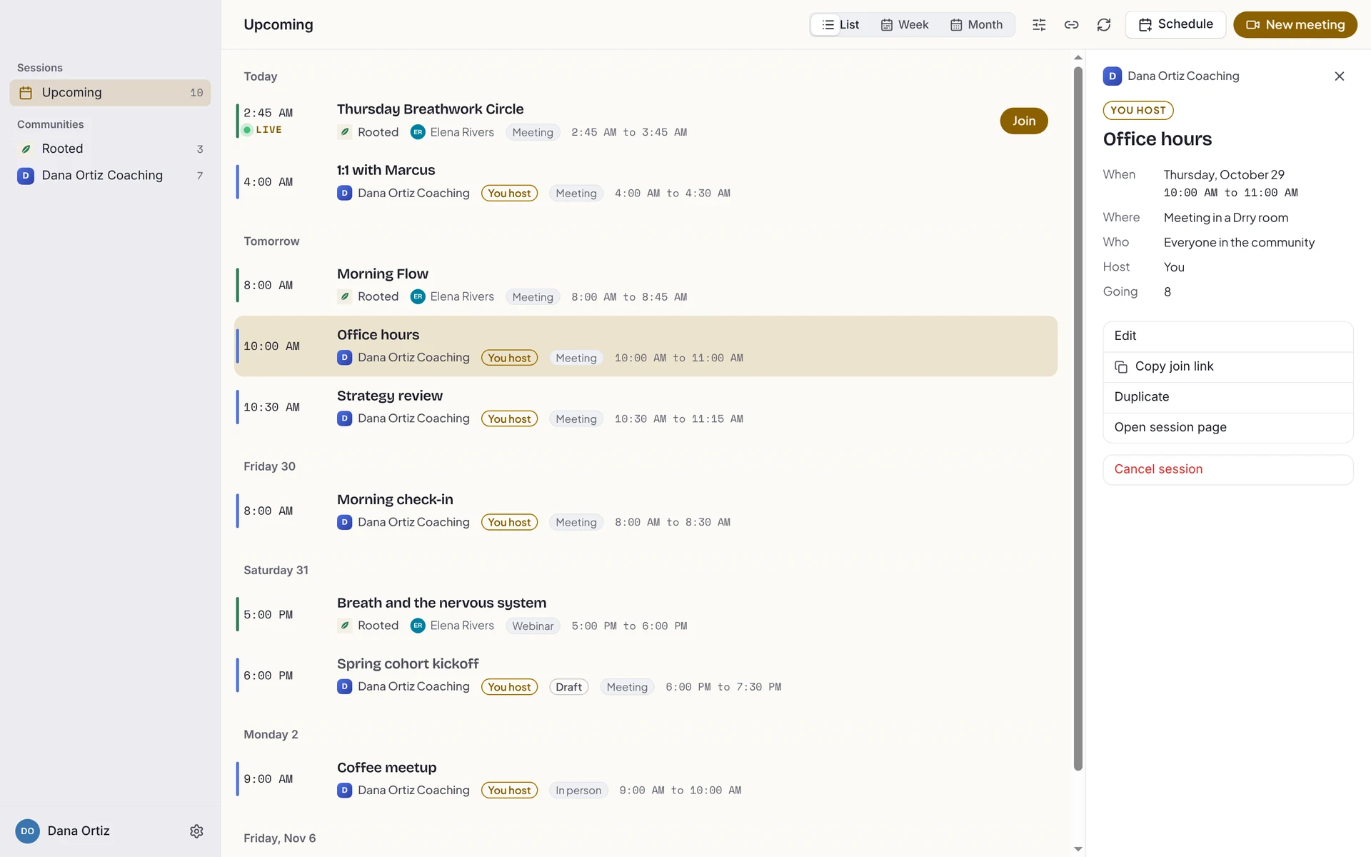 Drry Video on a Mac: every upcoming session from two communities in a list, with the selected session's details and the host's actions beside it.