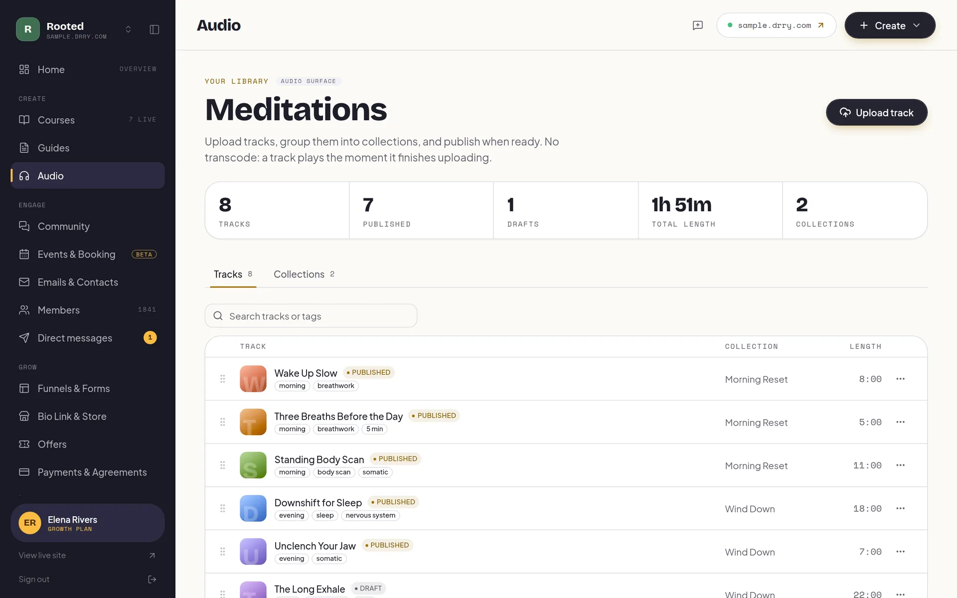 The audio console: counts of tracks, published tracks, drafts, total length and collections, above a track list with its collection and length columns and a tag on each track.