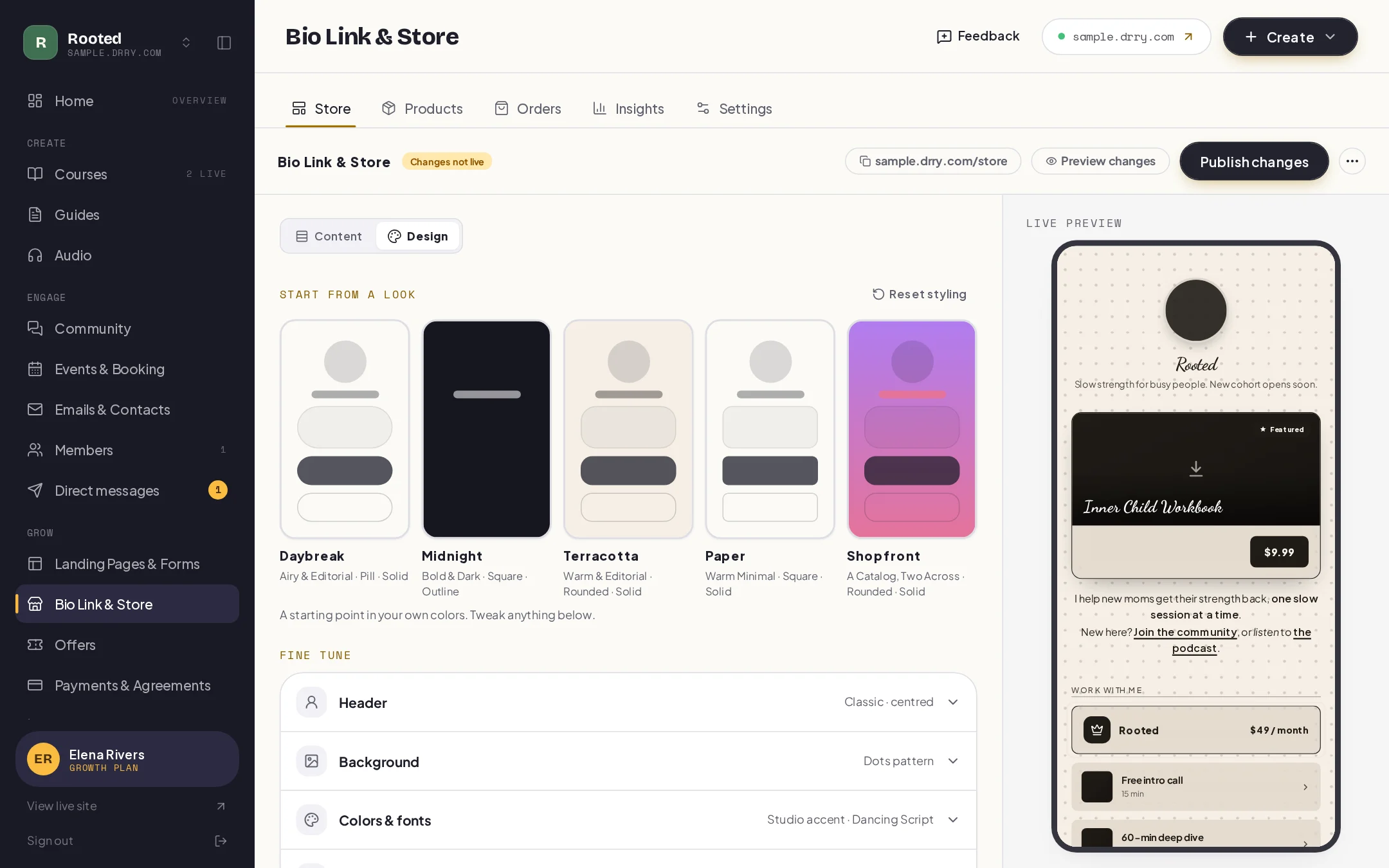 The bio link editor in design mode: ready-made looks across the top, groups for header, background, colours and fonts, buttons and cards, and spacing, beside a live phone preview of the page.