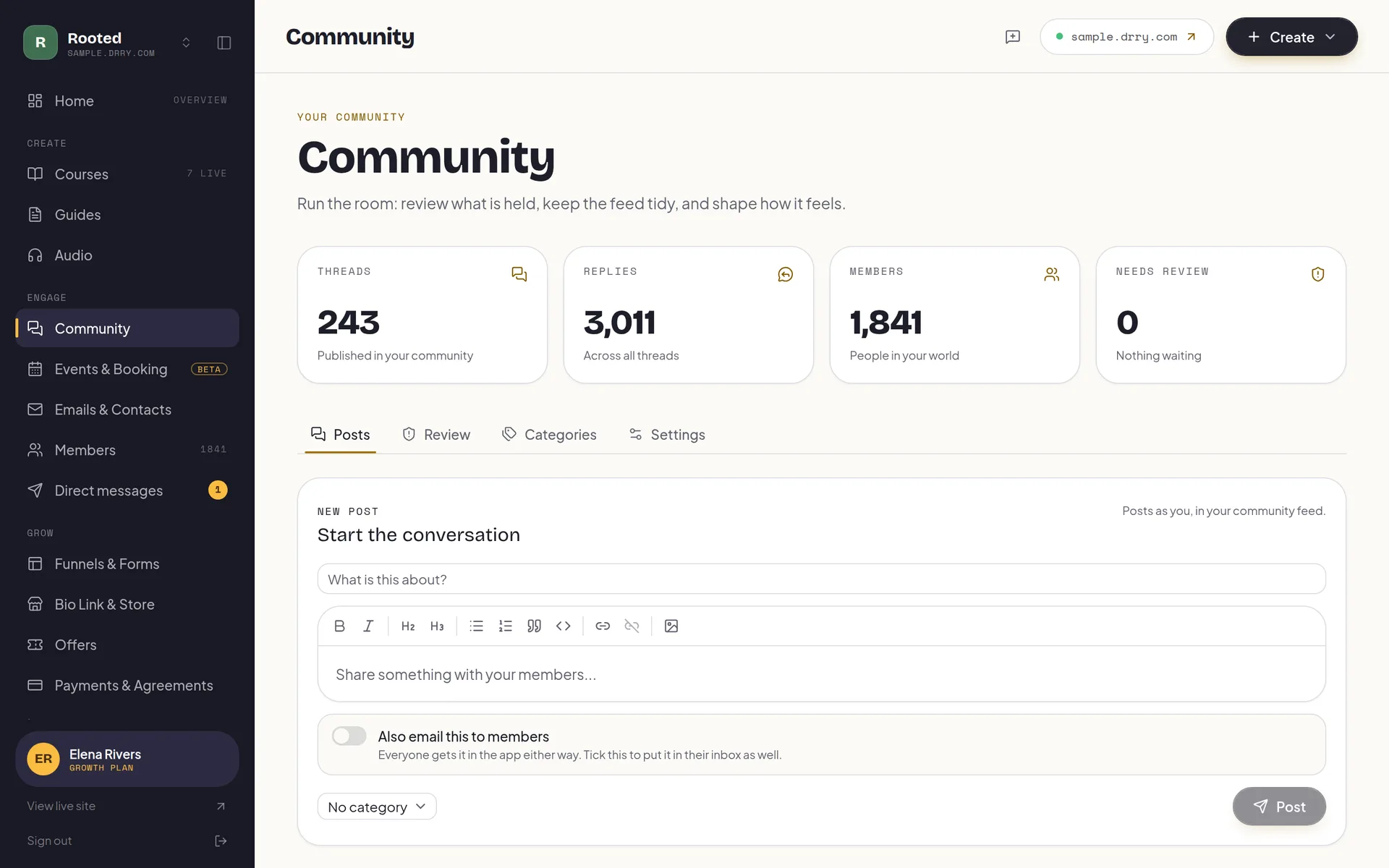 The community console: threads, replies, members and a moderation queue across the top, with the composer for a new post below.