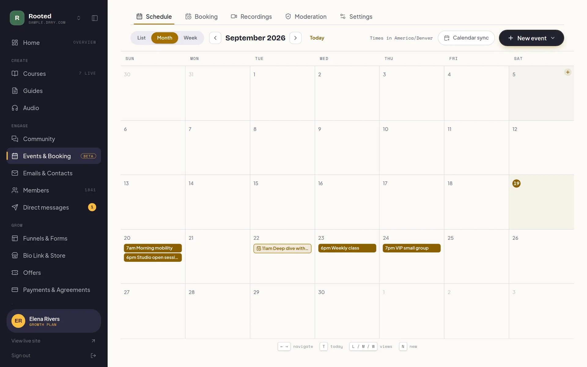 The events console: a month grid of scheduled sessions with event chips, and the Schedule, Booking, Recordings, Moderation and Settings tabs above it.