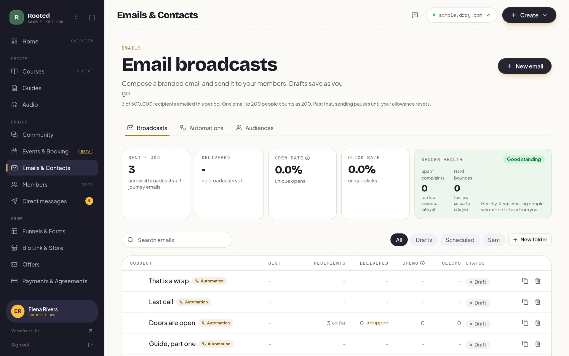 The email console: a 30-day send, delivery, open-rate, click-rate and sender-health row, above a broadcast list with columns for subject, sent date, recipients, delivered, opens, clicks and status.