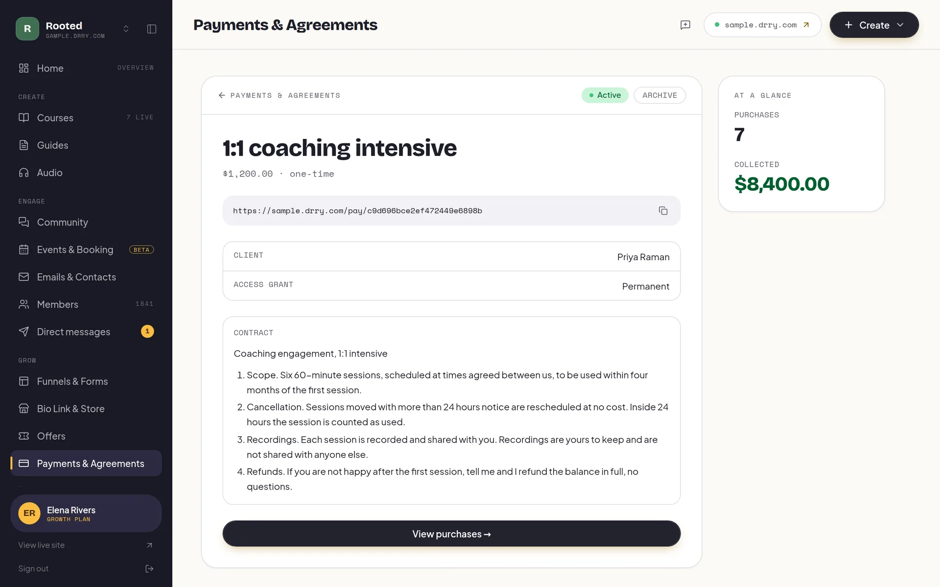 A payment link in the Drry console: a one-time price, its shareable pay link, the client it was made for, the access it grants, and the agreement they sign before paying, beside a count of purchases and the total collected.